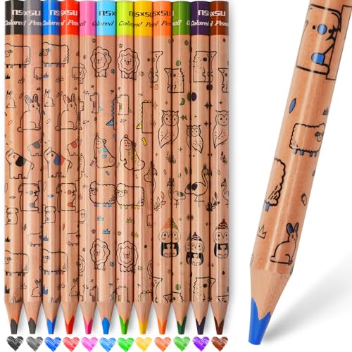 nsxsu 12 Jumbo Coloured Pencils for Kids Triangle Colouring Pencils, Thick Animals Pattern Colour Pencil Set Art Supplies