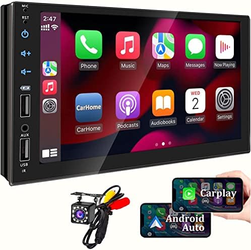 Double Din Car Stereo Compatible with Apple Carplay&Android Auto, 7inch Full HD Capacitive Touchscreen Car Stereo Double Din Radio with Bluetooth, Camera, Mirror Link, FM Radio, 2 USB/TF/AUX/Subwoofer