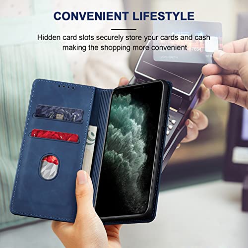 Image of Jasonyu Flip Wallet Case for iPhone 11 Pro,Leather Magnetic Folio Cover with Card Holder,Kickstand - TPU Shockproof Durable Protective Phone Case,Blue
