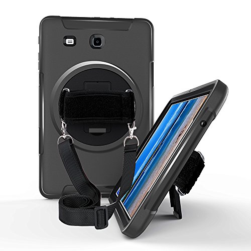 Galaxy Tab E 9.6 Case,STLDM Heavy Duty Shockproof Three Layer Hybrid Impact Resistant Full-Body Protective Case for Samsung Galaxy Tab E 9.6 Inch Tablet with Kickstand,Shoulder Strap, Black
