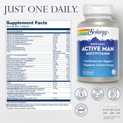 Image of SOLARAY Once Daily Active Man Multivitamin - Cellular Energy and Immune Support Supplement w /Vitamin D, Vitamin C, B12, B6, Zinc, Lutein, Digestive Enzymes, Whole Foods, 60-Day Guarantee, 90 Servings