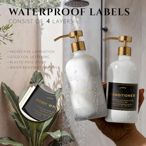 24 Waterproof Labels for Bottles, Shampoo and Conditioner Dispenser Label - Stickers, Bathroom Hand Soap Label Stickers, Bathroom Labels for Glass or Plastic Bottle (Golden Lettering) — view 2