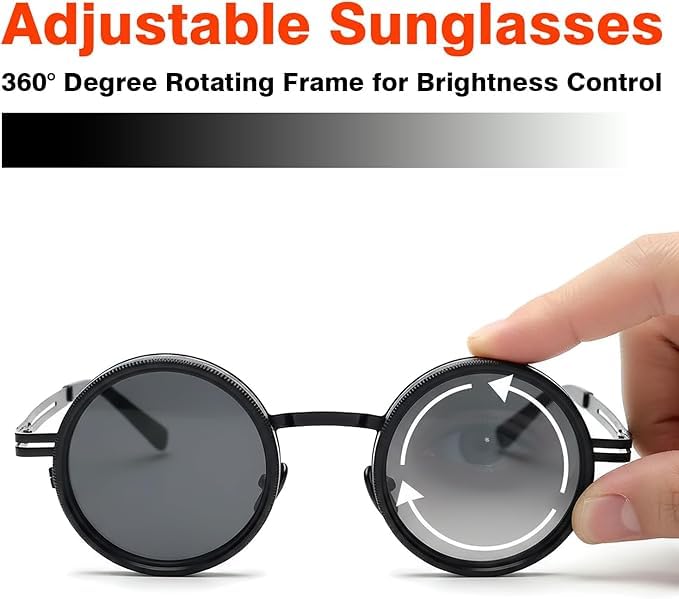 Image of Adjustable Tint Sunglasses, 1-9 Gear Adjustable Polarized Sunglasses with ND Filter Lenses, Round Black Lens for Men & Women, UV Protection for Driving, Fishing, and Outdoor Use.
