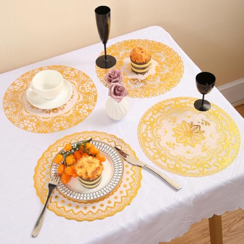 8 manteles individuales redondos de PVC de 30 cm, lavables, antideslizantes, resistentes al calor, posavasos para tazas, manteles individuales, decoración de mesa, patrón aleatorio, dorado