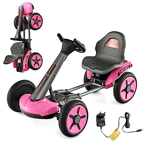 COSTWAY Go Kart Plegable Infantil 12V, Kart Eléctrico Infantil con Volante y Asiento Regulables en 2 Posiciones, Botón de Arranque, Luces, Portavasos, Coche de Pedales para Niños para Carreras (Rosa)