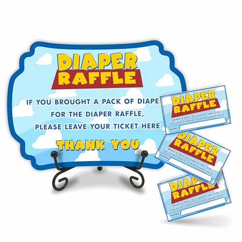 Nuckxy Diaper Party Game Set - Sky & Clouds - 50 Pcs Diaper Raffle Tickets, 1 Wooden Sign & 1 Iron Stand, Gender Neutral Baby Shower Game Kit for Newborn, Party Favor & Supplies - A05