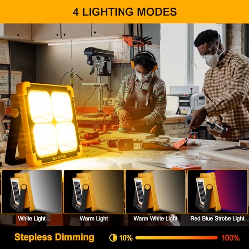 100W LED Baustrahler Akku Solar Arbeitsleuchte Tragbare, 10000LM 12000mAh Akku Arbeitsleuchte USB-Wiederaufladbar, 4 Lichtmodi, Campinglampe Tragbar im Freien für Notfälle, Baustelle, Camping, Garage
