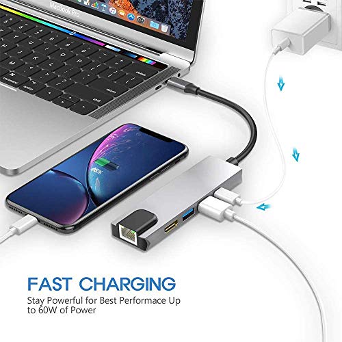 Hub USB C, adaptador multiporta de hub USB C, Thunderbolt 3 5 em 1 USB 3.1 Tipo C com 4K HDMI, 1000M