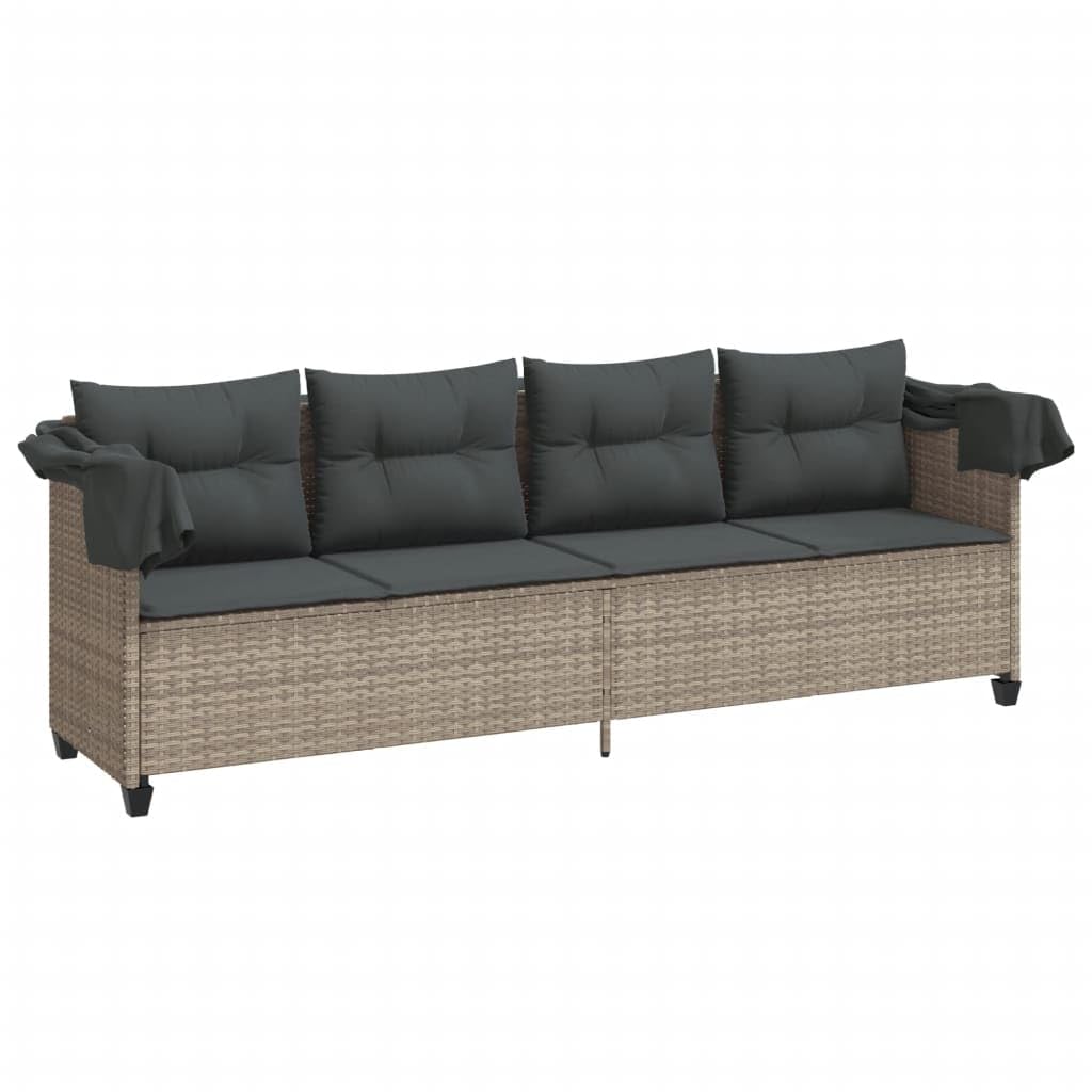 Lettino prendisole con tettuccio e cuscino grigio chiaro in polyrattan regolabile pieghevole con rivestimento sfoderabile ideale per giardino, balcone, piscina, spiaggia, terrazza, sdraio