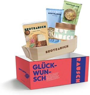 Brotrausch Glückwunsch Geschenkbox – Geschenkset mit Brotbackmischung (Seltene Sorten), Stullensalz Gartenkräuter & Topping (Geröstete Saaten) & Holzbackform – Originelles Geschenk