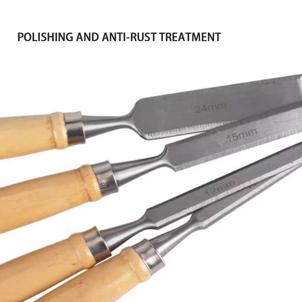 Juego de cinceles para Madera, 10 mm, 12 mm, 15 mm, 24 mm, Herramientas manuales para Tallado de carpintería, Mangos de Madera cómodos (4 Unidades)