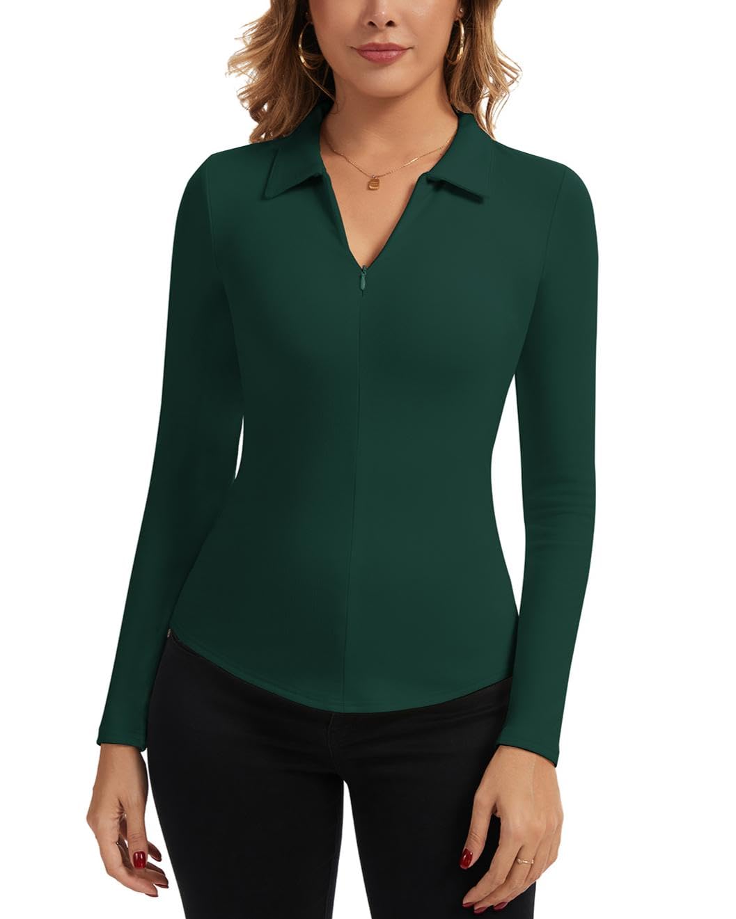 LEYSHE Thermo Poloshirt Damen Langarm V-Ausschnitt mit 1/4 Reißverschluss Polo Pullover Warmes Business Bluse Thermo Oberteil