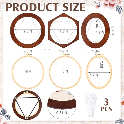Image of Vercraft 3 Set Embroidery Hoop Frame 8 Inch Decorative Wood Embroidery Frame with 8 Inch Cross Stitch Hoop for Display Finished DIY Art Craft Hanging Sewing Ornaments, Round, Hexagon, Oval