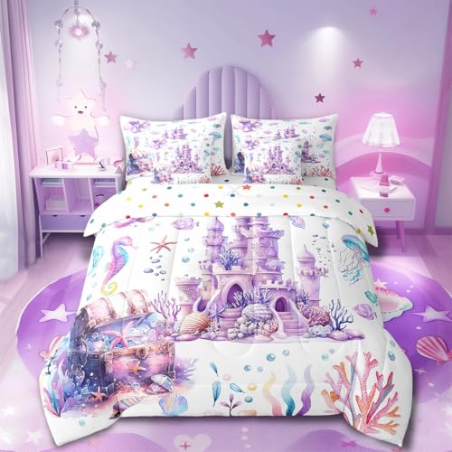 Dreamy Castle Full Comforter Set with Sheets 7 Pcs,Kawaii Fairy Tale Purple Comforter Blanket,Watercolor Coral Sealife Bedding Set with Comforter,Flat Sheet,Fitted Sheet,Pillowcases and Pillow Covers