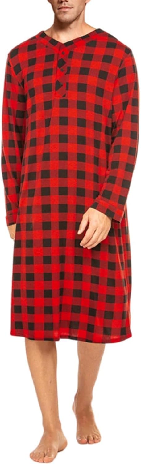 Herren Baumwolle Nachthemd V-Ausschnitt Langarm Kariertes Schlafhemd Knielang Weiche Lockere Nachtwäsche, Red, XL