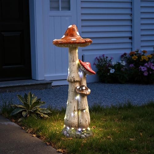 Hometopia 80cm Solar Gartenskulptur Pilz mit LED-Lichterkette Wetterfeste Gartenfigur aus MGO Große Pilz-Deko für Garten Vorgarten & Terrasse Mama Oma