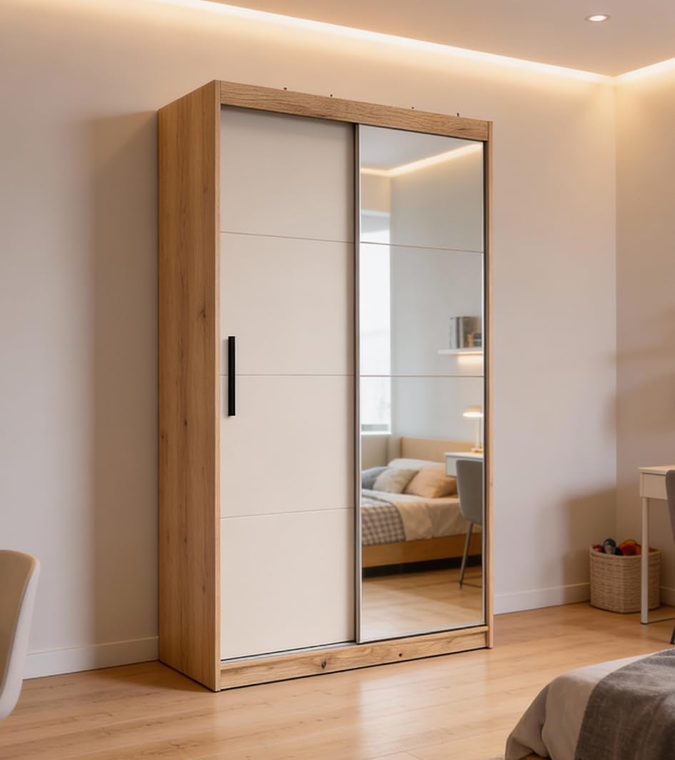 Armadio a 2 ante scorrevoli con specchio a corpo intero, misure 216 x 120 x 62 cm, interno con 5 ripiani e barra sospesa