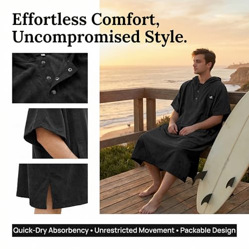 Poncho con Capucha Catalonia para Surf, Bata para Cambiarse, Toalla de Natación de Secado Rápido para Hombre y Mujer, Negro miniatura 3