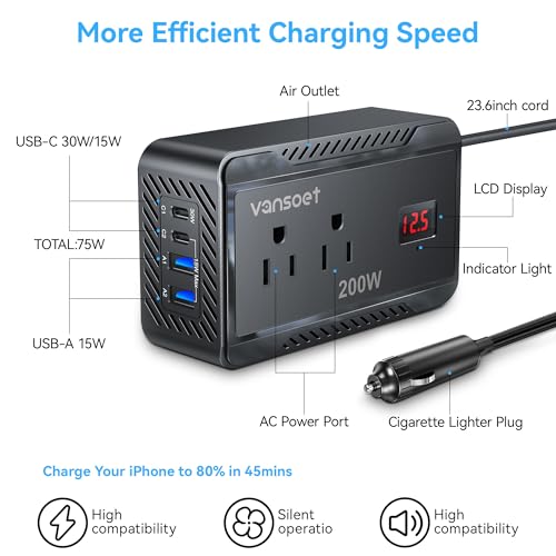 Vansoet 200W Car Power Inverter DC 12V to 110V AC Converter with [PD 30W & 15W] Fast Charging USB C/3.0A Dual USB Charging Ports, Car Outlet Adapter for Phone, Laptop on Road Trip (Black) - Thumbnail 3