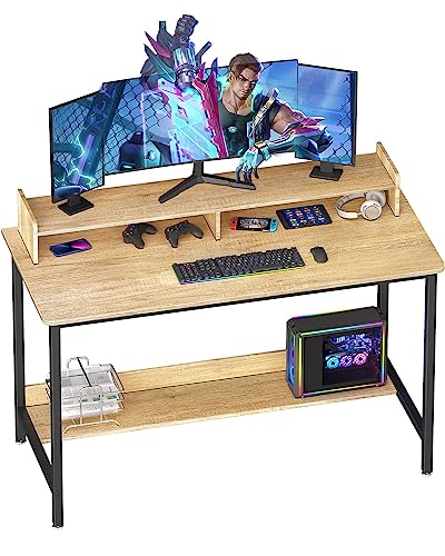 Woodynlux Computer Desk With Shelves, 43 Inch Gaming Writing Desk, Study Pc Table Workstation With Storage For Home Office, Living Room, Bedroom, Metal Frame, Beech. cover