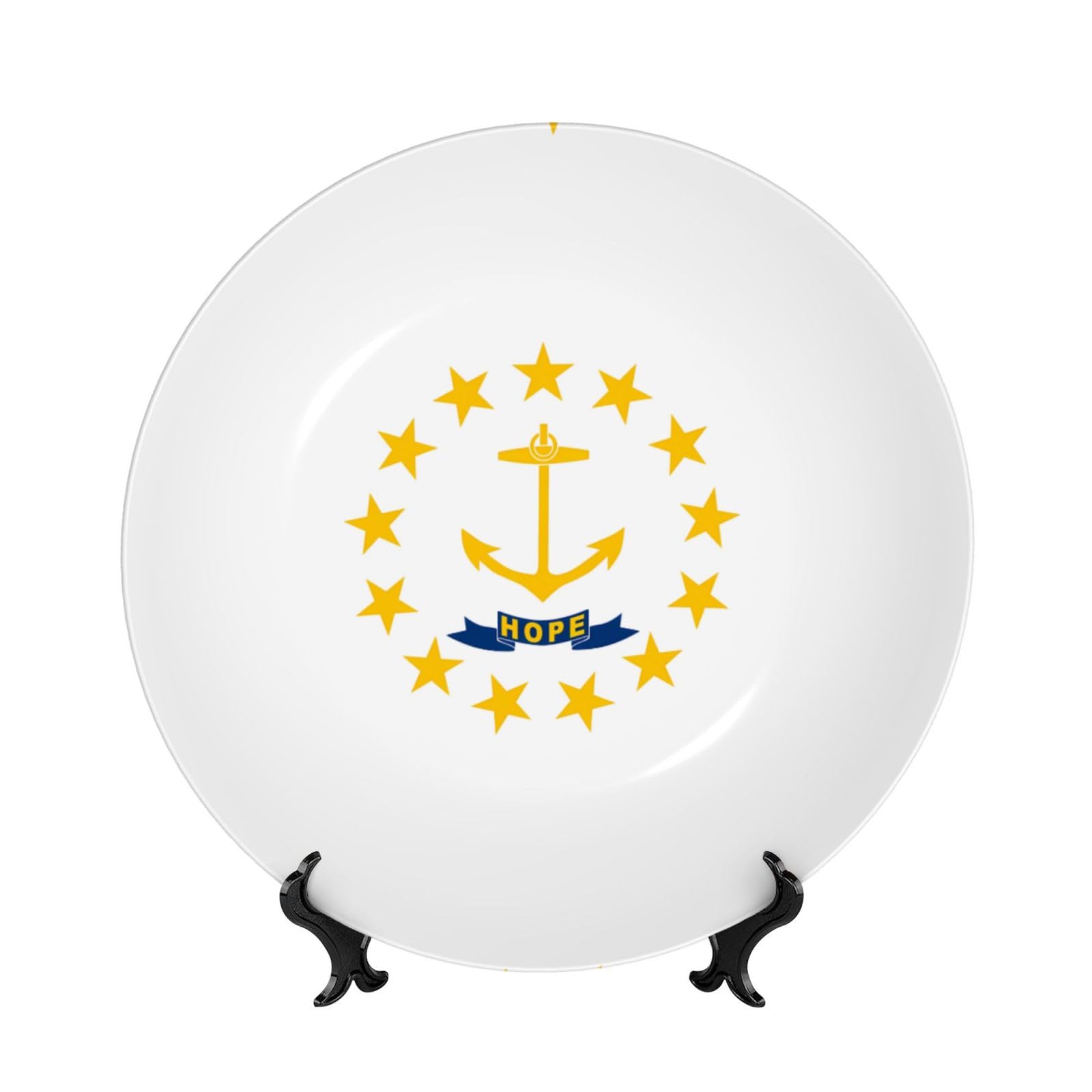 SXZVVBN Rhode Island State Flag Bone China Decorative Plate Art with Stand Removable Adhesive Hanging for Home Office 7in