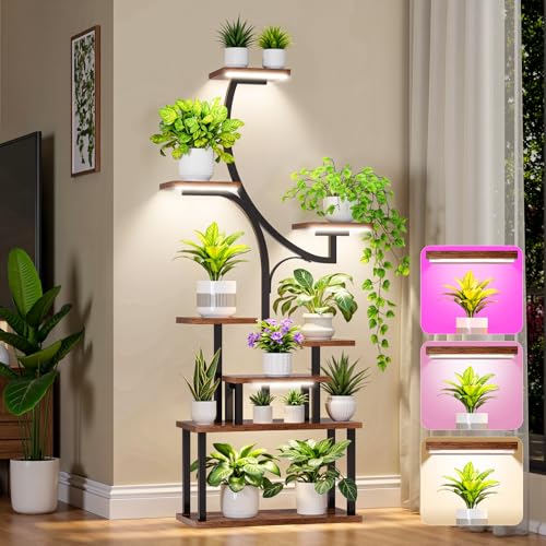 softeen Plant Stand Indoor with 4 Grow Lights & 3 Colors 8 Tiered Corner Plant Shelf 63 Tall Plant Stands for Indoor Plants Multiple Metal Flower Display Shelves Holder for Home(Dark)