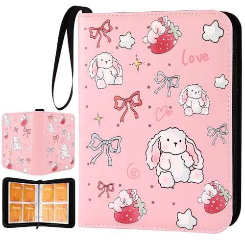Starooo Card Binder 4 Pocket Trading Card Holder Fits 400 Cards With 50 Removable Sleeves Portable Collection Card Ablum Game Card Case book With Zipper for Gift Pink Cute Rabbit