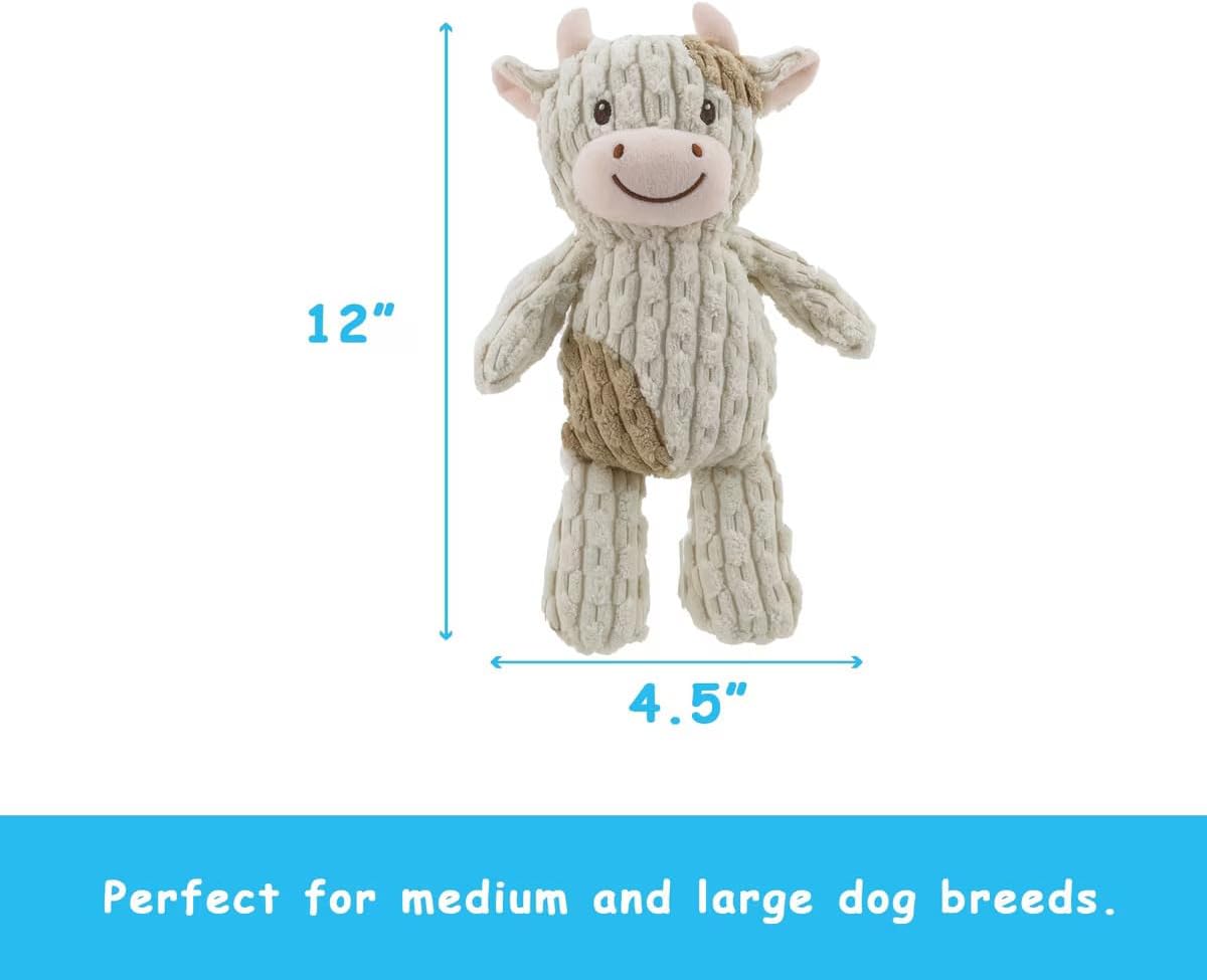 Linzy Plush Cow Dog Toy, Soft Squeaky Chew Toy for Small Medium Large Dogs, White and Tan, Interactive Pet Toy, 12 Inch