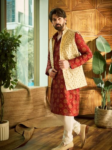 Image of SOJANYA (Since 1958 Men's Silk Blend Printed Maroon Kurta & Beige embroidery Nehru Jacket With Off White Churidar Pyjama