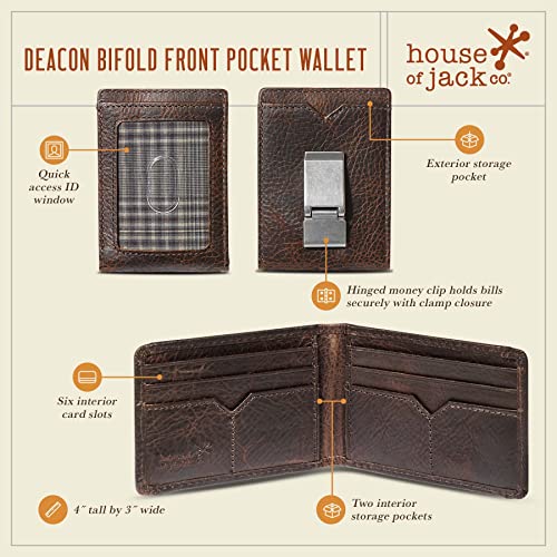House of Jack Co. Deacon Bifold Money Clip Wallet for Men, Front Pocket Card Holder with Exterior ID Window, Full Grain Cowhide Leather Wallet, Brown3