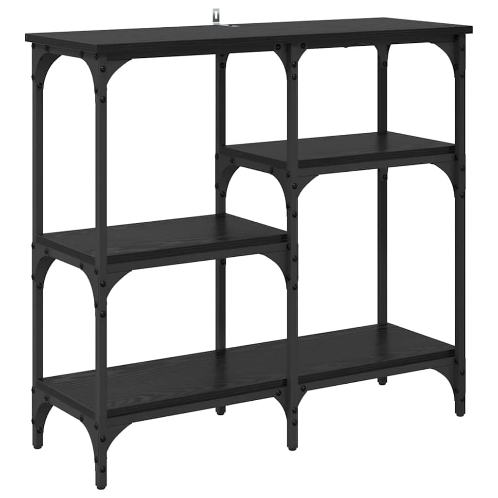 Wąski stolik konsolowy z 3 półkami, wygląd czarnego dębu, 80 x 29 x 75 cm, materiał drewnopochodny i metal, industrialny wygląd, do salonu i korytarza, wszechstronne miejsce do przechowywania