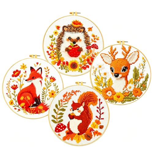 Image of Zhenqing Autumn Animals Cross Stitch Kit - 4-Piece Set with Pre-Printed 11CT 24x24cm Fabric, Hoop & Tools, Fall Theme Animal Designs for Beginners (70412)