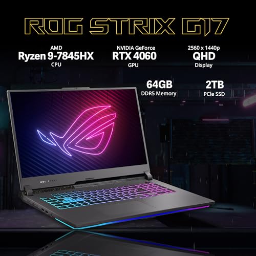 ROG Strix G17 17.3" QHD 240Hz Gaming Laptop, AMD Ryzen 9-7845HX, 64GB DDR5, 2TB PCIe SSD, NVIDIA GeForce RTX 4060 8GB GDDR6, 4-Zone RGB retroilluminato, Wi-Fi 6E, Windows 11, Grigio, Scheda USB - Notebook - Immagine 1