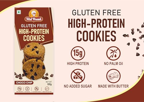 Image of MidBreak Zero Added Sugar High Protein Choco Chip Cookies | 30g Protein per box | Gluten Free | Diabetic Friendly | High Fiber & Gut-Friendly Cookies (Pack of 1, 100g)