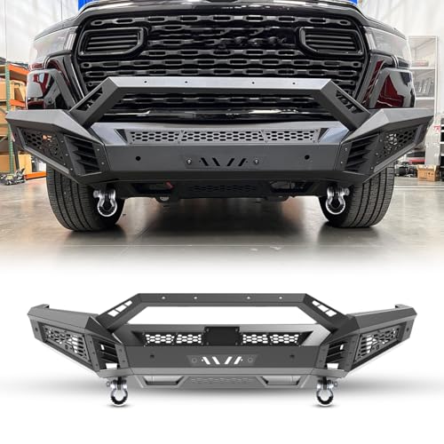 WOLFSTORM Front Bumper for 2025-2026 Dodge Ram 1500 Pickup Trucks, Heavy Duty Steel Offroad Bumper with Side Wings & Bull Bar, D-Rings & LED Pod Lights (Bumper + Side Wings Style A + Bull Bar Style A)