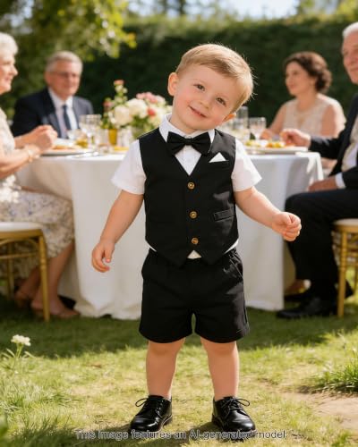 Image of SANGTREE Baby Boy Suit Wedding Ring Bearer Outfits Vest Short Sleeve Bowtie Shirt Suspender Summer Gentleman Shorts Sets