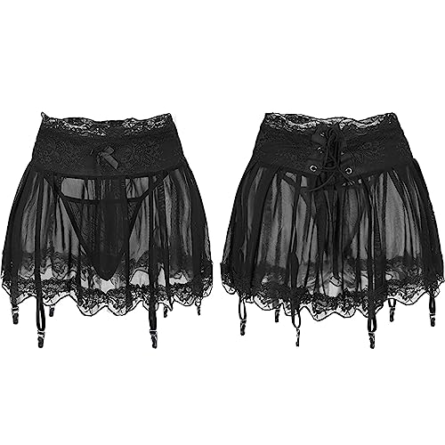Wonmen Sexy Lingerie Set with Garter Belt Sheer Lace Bandage Garter Stocking Suspenders Female Skirt and Panties Underwear Nightwear Adjustable Straps and G-String Babydoll - Image 3