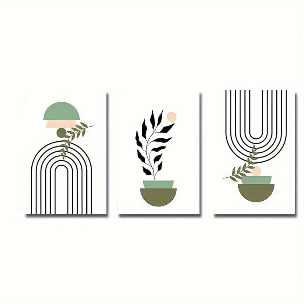 WBYZAC Botanical Posters-Canvas Poster, Modern Art, Black Green Bohemian Abstract Painting, Botanical Geometry Art for Bedroom Living Room Corridor, Wall Art Decoration-60 * 80cm*3PCS (No Frame)