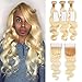 Dorabeauty #613 Blonde Human Hair Bundles 4×4 Lace Closure with 3 Bundles Body Wave Remy Human Hair Weave (20"Closure +24"26"28"Bundles inch)