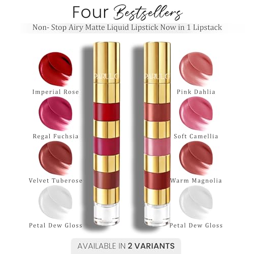 Image of Parul Garg Beauty Duo Collection 4-in-1 Bold & Nude Shades Liquid Lipstick Stack with Gloss | Matte, Transfer-Proof, Lightweight | Travel Friendly Stackable Lipsticks for Women | Made for Indian Skin Tones