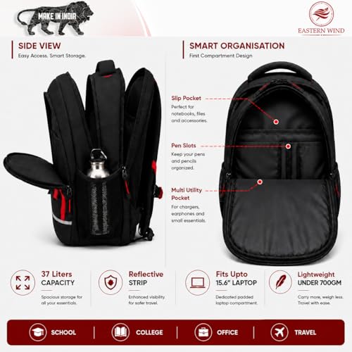 Image of EASTERN WIND 37L 19 inch School Bag Backpack, 3 Compartments, Raincover, Organiser, Laptop Sleeve, Safety Strip. School Bag for Boys & Girls 12+ Years, College Bag, Office Bag, Travel Bag