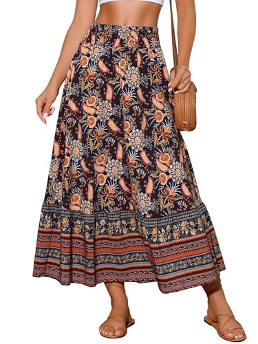 Seta T Women's Bohemian Long Skirts High Waist A Line Maxi Skirts Flowy Vacation Floral Summer Skirt