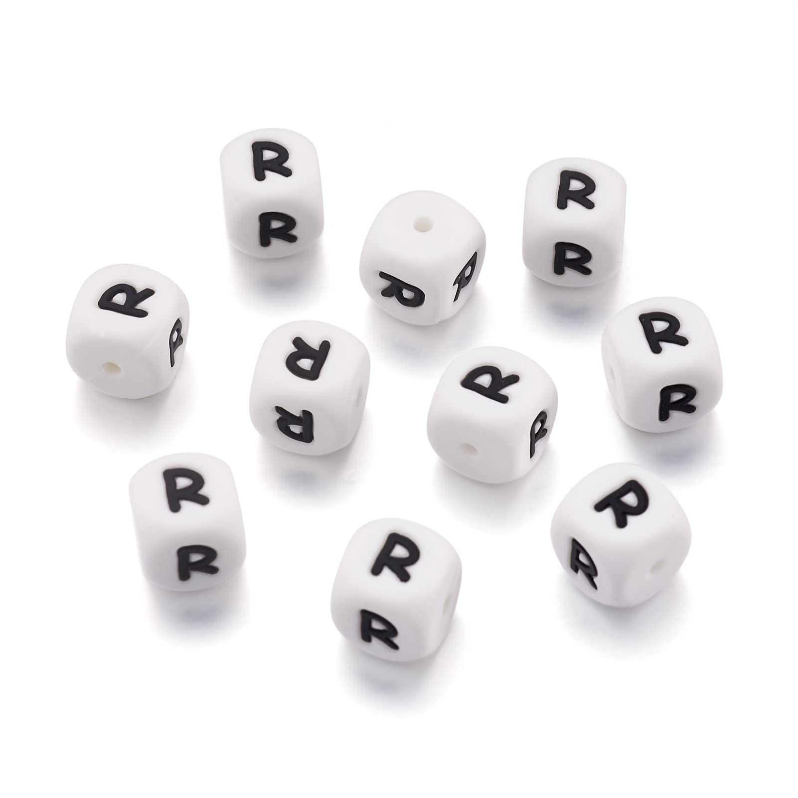 BB Beadthoven100pcs Silicone Letter R Beads Bulk 12mm Cube Alphabet Silicone Focal Beads Loose White Rubber Assorted Letter Beads for Bracelet Keychain Making Lanyards Pens DIY Jewelry Making