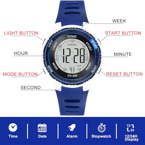 DTKID Montre Enfant Garcon Fille, Montre Digitale Enfant 7 Lumières Colorées, Chronomètre, Affichage de Date et Semaine, Mode 12/24H, 30M Étanche – vue 4