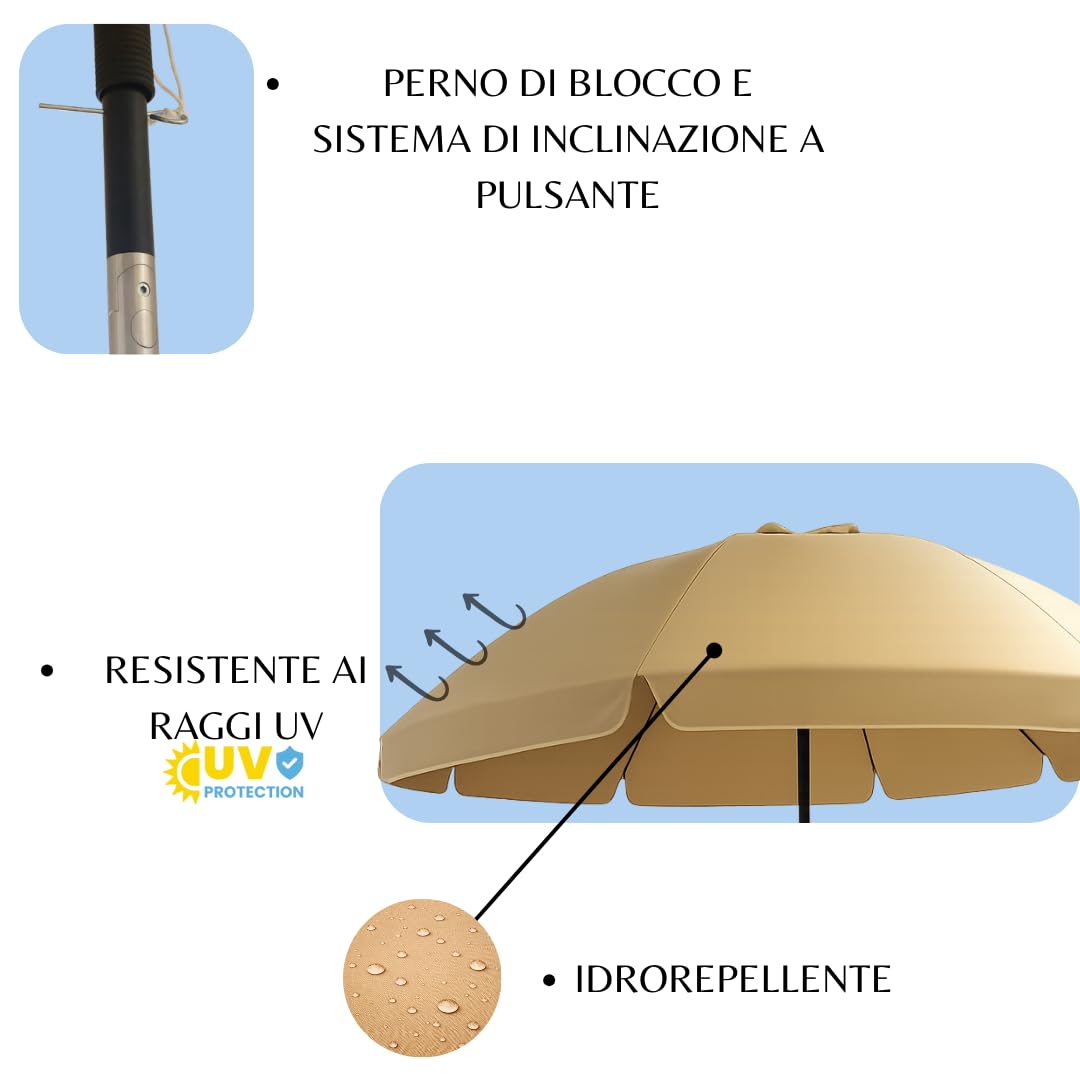 Positano Ombrellone da Giardino, Ombrellone da Balcone con Protezione UPF 50+, 240cm, Inclinabile, Portatile e Antivento, Stecche in Fibra di Vetro, Borsa da Trasporto