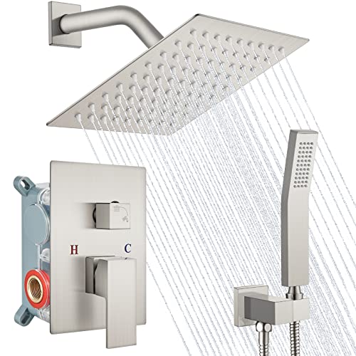 Midanya Brushed Nickel Shower Faucet Set Bathroom Shower System Wall Mount 8 Inch Square Rainfall Shower Head High Pressure Shower Fixture With Handheld Sprayer Rough-In Valve Body And Trim Included #TOP2