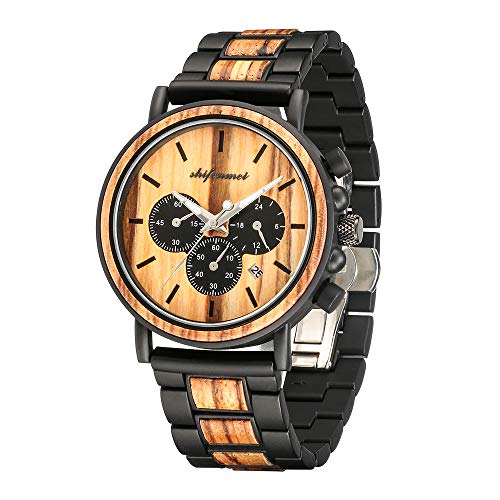 Engraved Wooden Watches, shifenmei Personalized Wooden Watches for Men Multifunction Mens Bussiness Watches Wood and Alloy Engraved Watches for Husband Dad Son Boyfriend (Zebra)