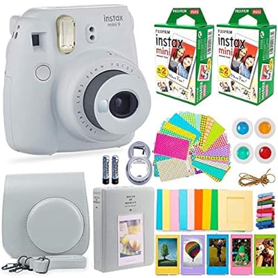 Fujifilm Instax Mini 9 Instant Camera + Fuji Instax Film (40 Sheets) + Accessories Bundle - Carrying Case, Color Filters, Photo Album, Stickers, Selfie Lens + More (Smokey White)