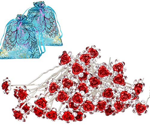 40pcs Bridal Wedding Crystall Hair Pins Red Rose Hair Pin with 2 Jewelry Bags Red Rose U-shaped Design Collection Crystal Hair Pins Clips (Red)