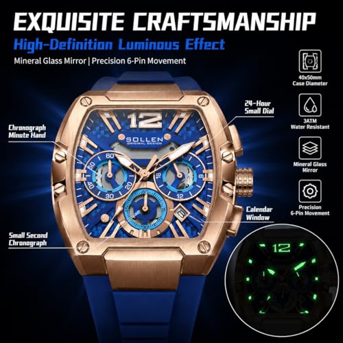 Image of SOLLEN Blue Men's Tonneau Watches, Stylish Chronograph Analog Quartz Watch | Date Window, 24 Hours, Second & Minute Chronograph, 30M Water-resistant, 40x50mm Stainless Steel Case, Silicone Strap, Gift